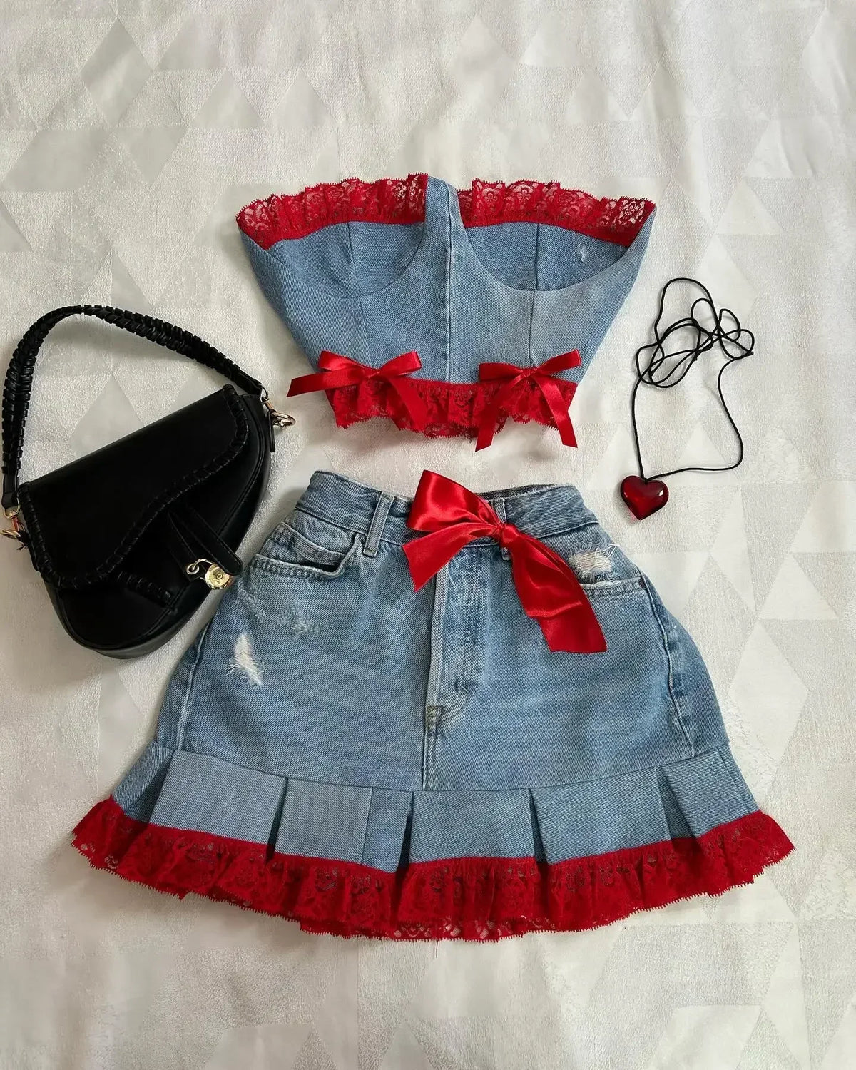 STORESDE Y2K Black Leather Spliced Denim Two Piece Set Women Harajuku Zipper Long Sleeved Jacket New Sexy Pleated Skirt Motorcycle Suit
