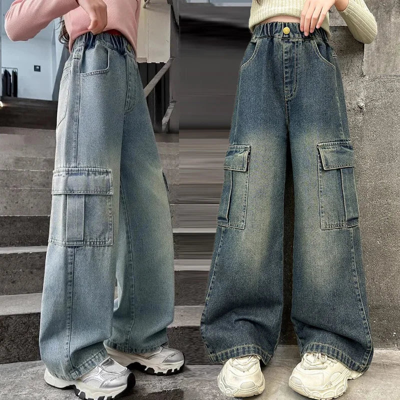 STORESDE Girls Cargo Jeans Kids Wide-legged Denim Pants Teenagers Fashion Streetwear Loose Trousers Children Casual Clothes 5-12Y