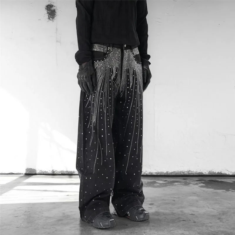 STORESDE Autumn Winter High Street Denim Pants Men's Retro Full Diamond Hot Stamping Hip-hop Loose Straight Leg Wide Leg Streetwear Jeans