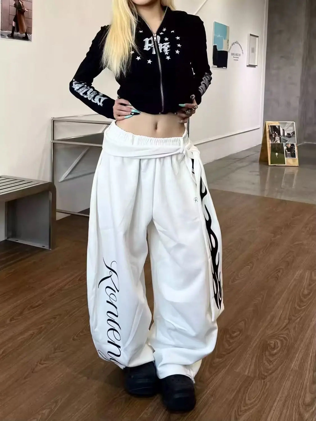 STORESDE American Retro Flame Letter Print Detachable Strap Scimitar Pants Jazz Casual Hip-Hop Loose Wide-Leg Fashion Jogging Sweatpants