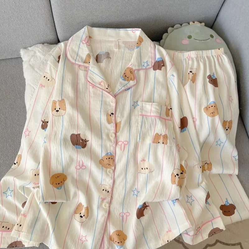 STORESDE Harajuku Style Kawaii Sweet Loungewear 2 PC Set Line Star Dog Print Cute Casual Women's Pajamas Autumn Long New Fashion Homewear