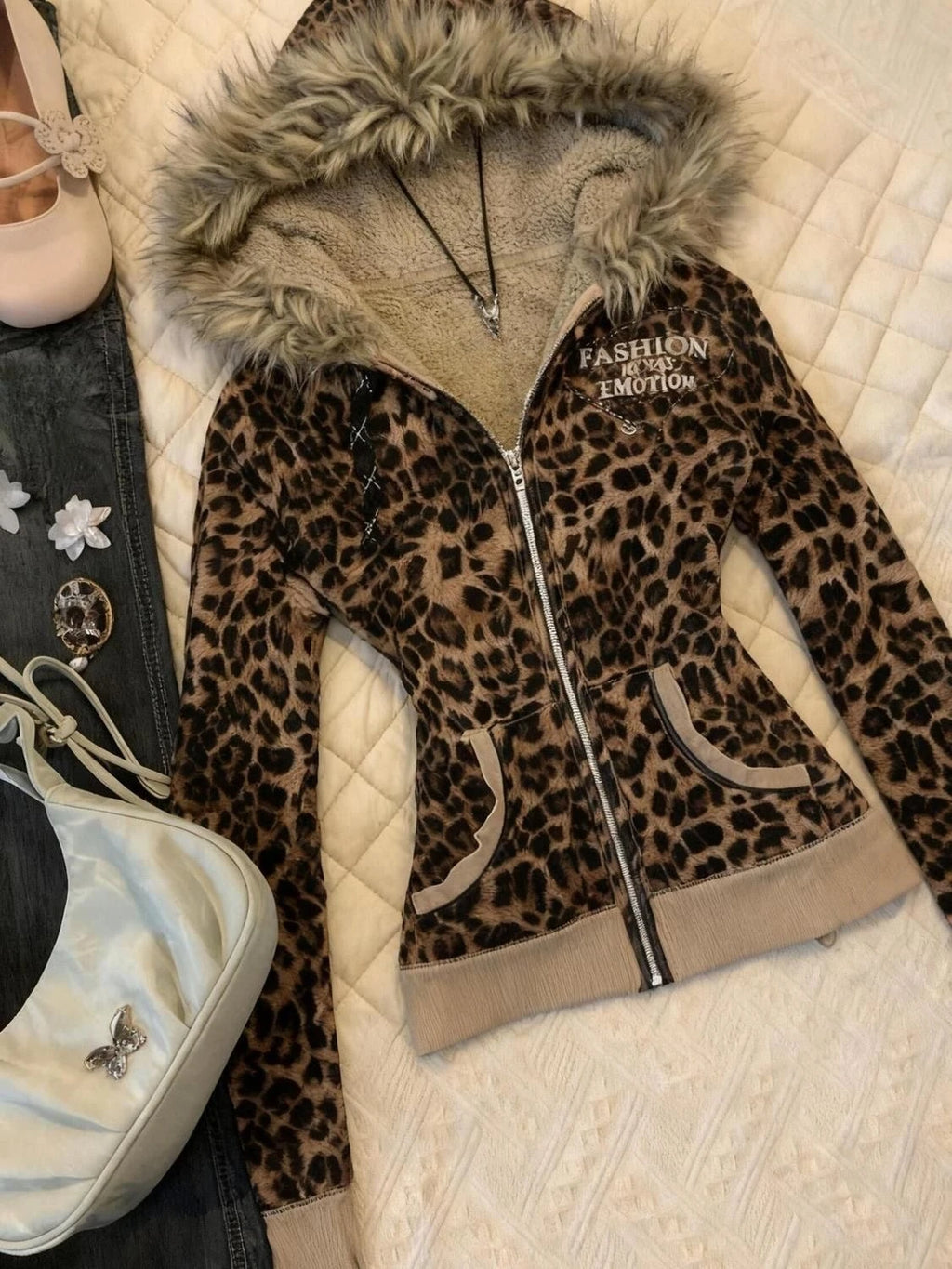 STORESDE Y2K Hot Girl Autumn Winter Harajuku Vintage Leopard Print Slim Fit Sweatshirt Women Gothic Fur Collar Zipper Long Sleeve Hoodie