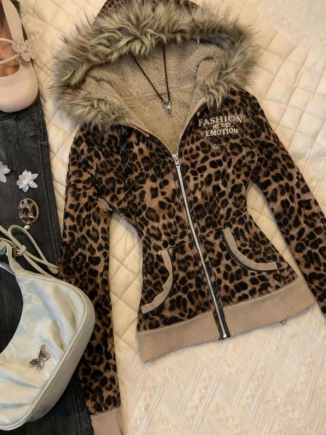 STORESDE Y2K Hot Girl Autumn Winter Harajuku Vintage Leopard Print Slim Fit Sweatshirt Women Gothic Fur Collar Zipper Long Sleeve Hoodie