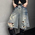 STORESDE American Street Washed Blue Denim Shorts Y2k E-Girl High Waist Loose Wide Leg Jeans 2026 New Hole Straight Knee-Length Pants