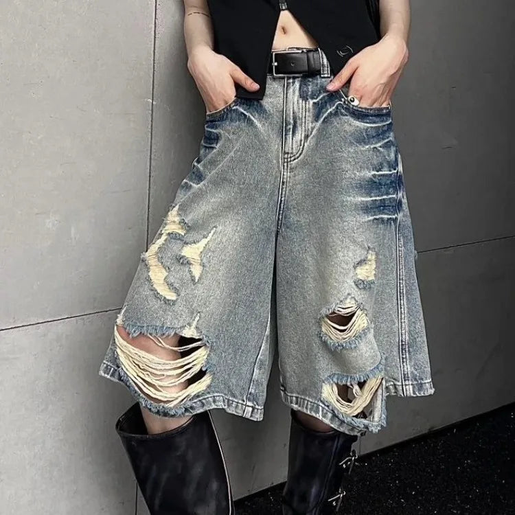 STORESDE American Street Washed Blue Denim Shorts Y2k E-Girl High Waist Loose Wide Leg Jeans 2026 New Hole Straight Knee-Length Pants