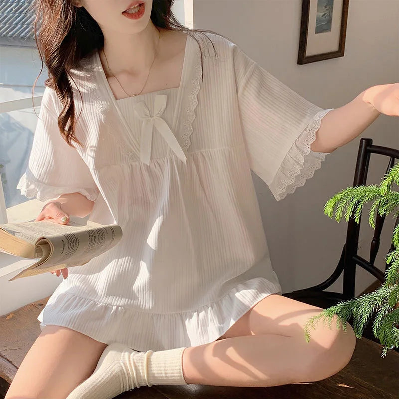 STORESDE Palace Style Pajamas Ladies Summer Loungewear Set Short-Sleeved with Cushion Korean Small Sweet Girlfriends Loungewear Set