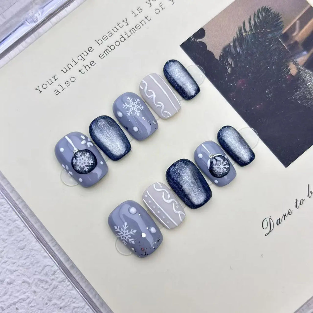 STORESDE 10pcs Handmade Press on Nails Christmas Frozen Blue Cat-Eye Full Coverage Nail Tips for Women&Girl Removable Wearable Nail Art