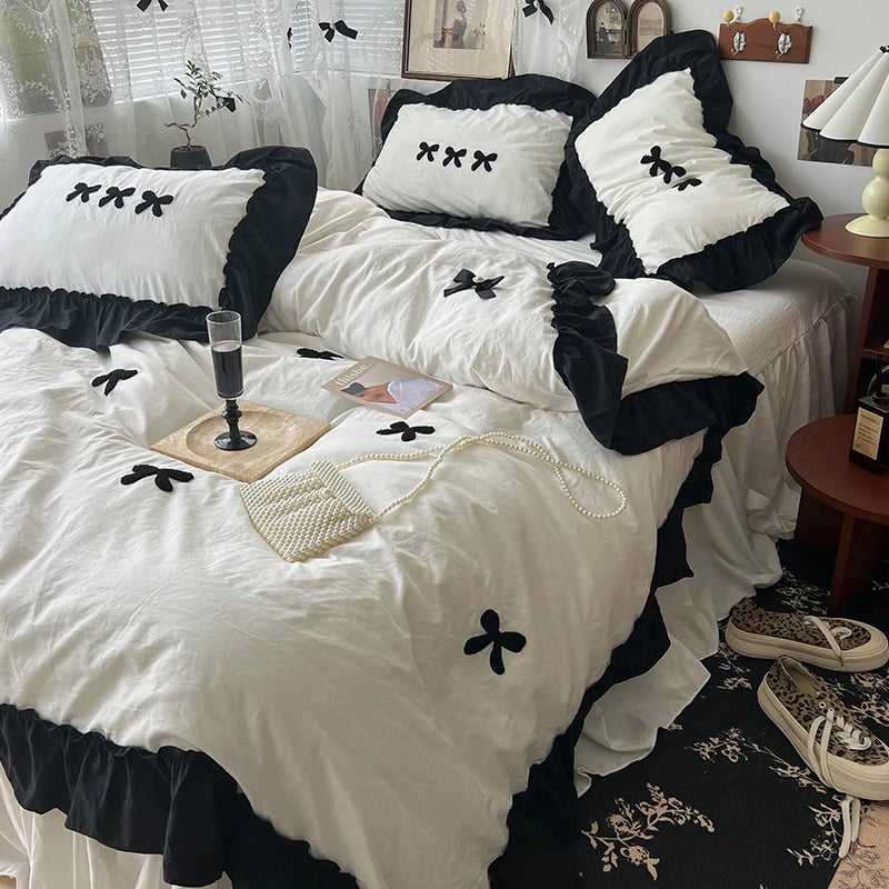 STORESDE Korean Princess Style Kawaii Girl Black Bow Bedding Set Skin-friendly Soft Duvet Cover Set Bed Sheet Or Bed Skirt Pillowcases