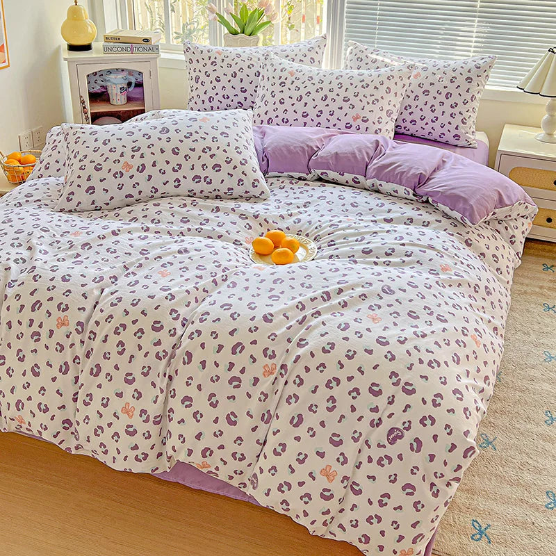 STORESDE American Pastoral Floral Printed Bedding Set Soft Skin-Friendly Double King Size Duvet Cover Set with Flat Sheet and Pillowcases