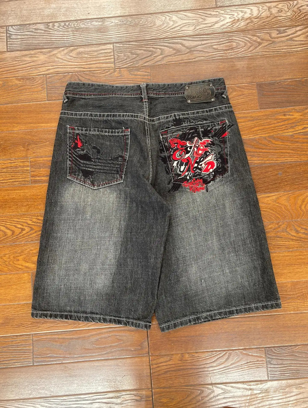 STORESDE American Washed Ecko Denim Shorts Mens Hip-hop Rock Street Fashion Pattern Straight Pants Harajuku Trend Wide Pants