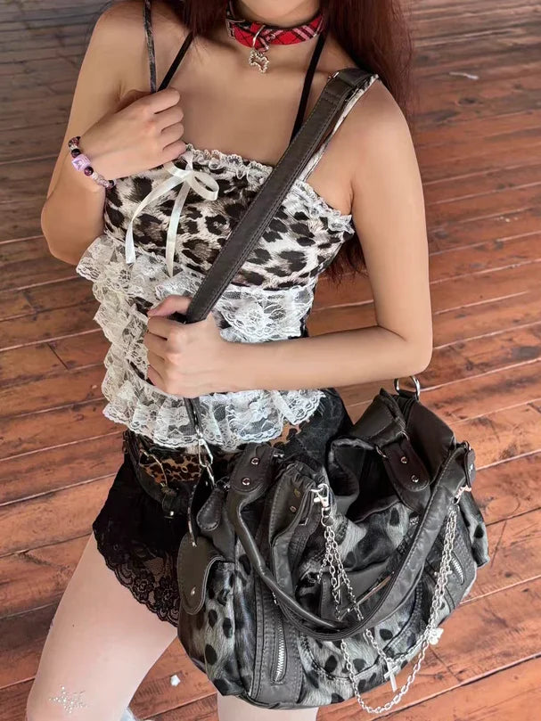 STORESDE Grey Leopard Print Hangbag Cross Star Subculture Y2k Shoulder Bags Hot Girl Tote Large Capacity Portable Messenger Bag 2026 New