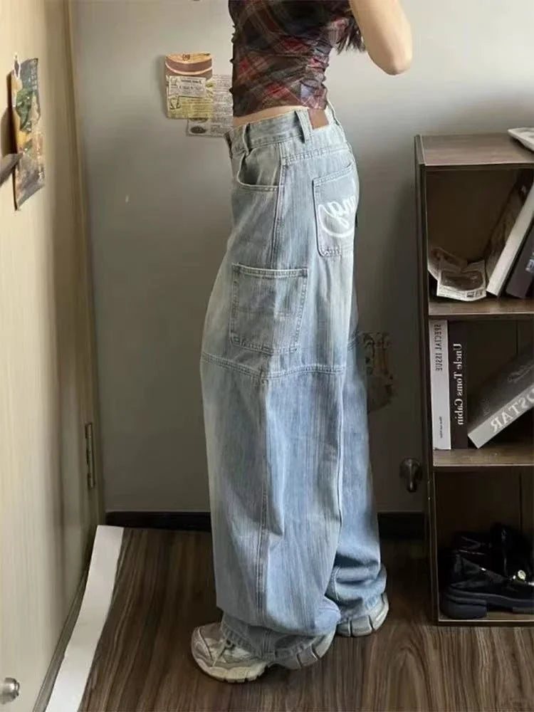 STORESDE Letter Printing Women Wide Leg Jeans Y2K High Waist Streetwear Baggy Denim Trousers Bf American Hip Hop Grunge Jeans New