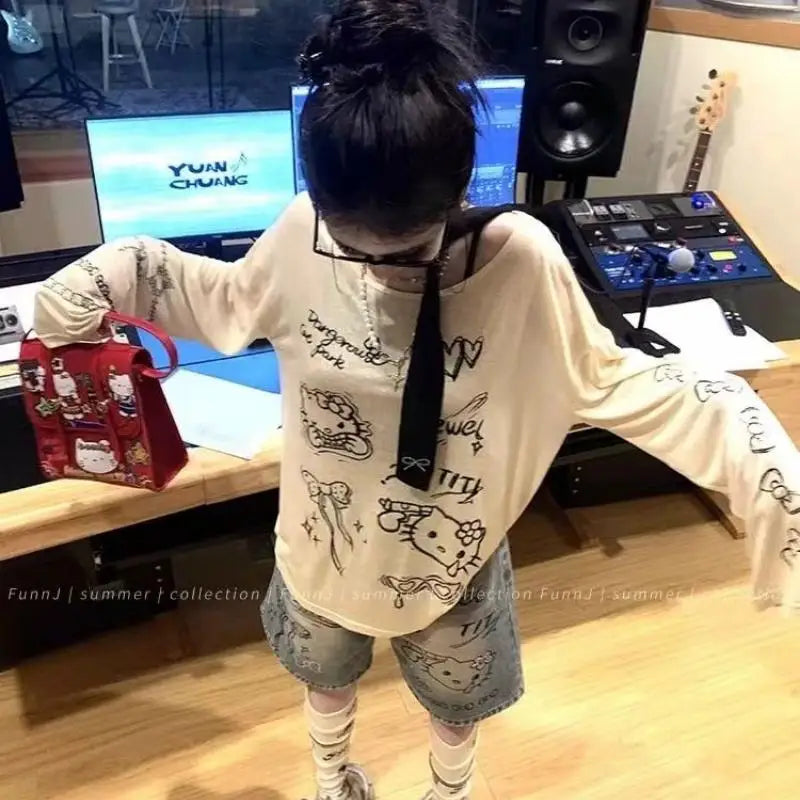 STORESDE New 2025 Sanrio Summer High Street Style Denim Jeans Shorts Light Blue Straight Girls Deni Shorts Jeans Fashion Casual Jeans