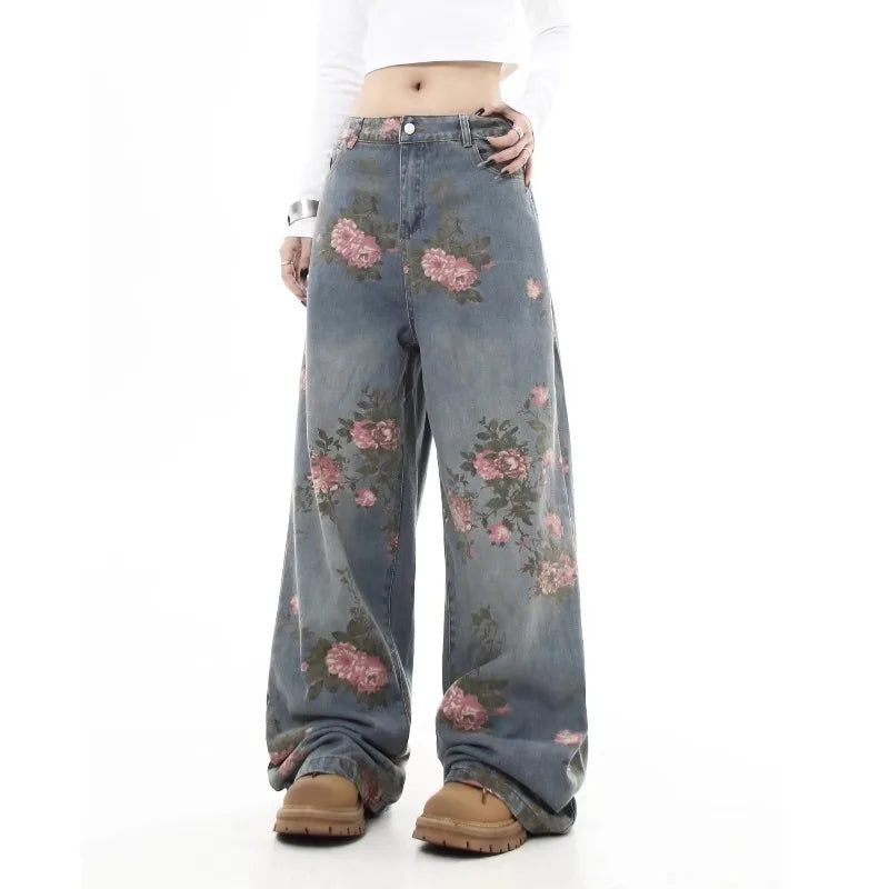 STORESDE Women's Blue Flower Baggy Jeans Y2K Japanese Harajuku High Street Aesthetic High Waist Wide Leg Retro Jeans Pants Clothing 2025