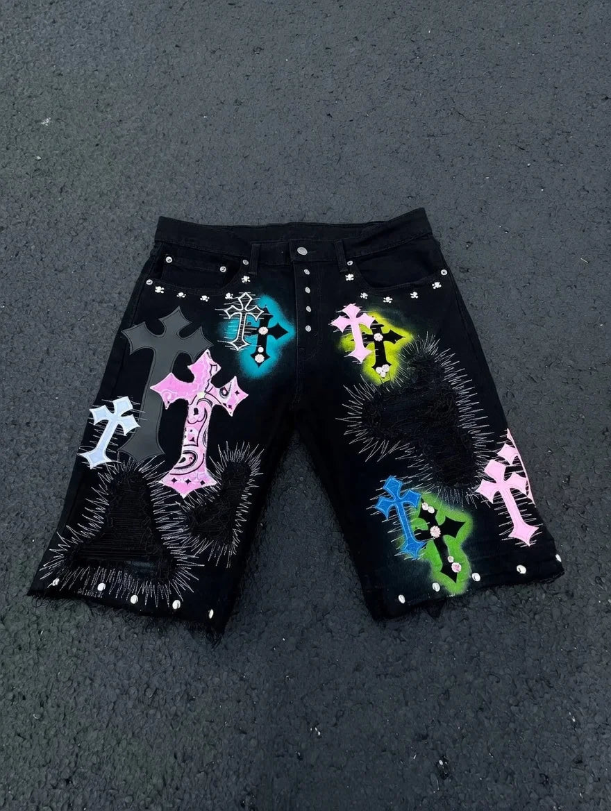 STORESDE Fashion Retro Streetwear Y2K Men Jeans Popular Patch Gothic Punk Style Shorts Embroidered Willow Nail Design Loose Casual Jeans