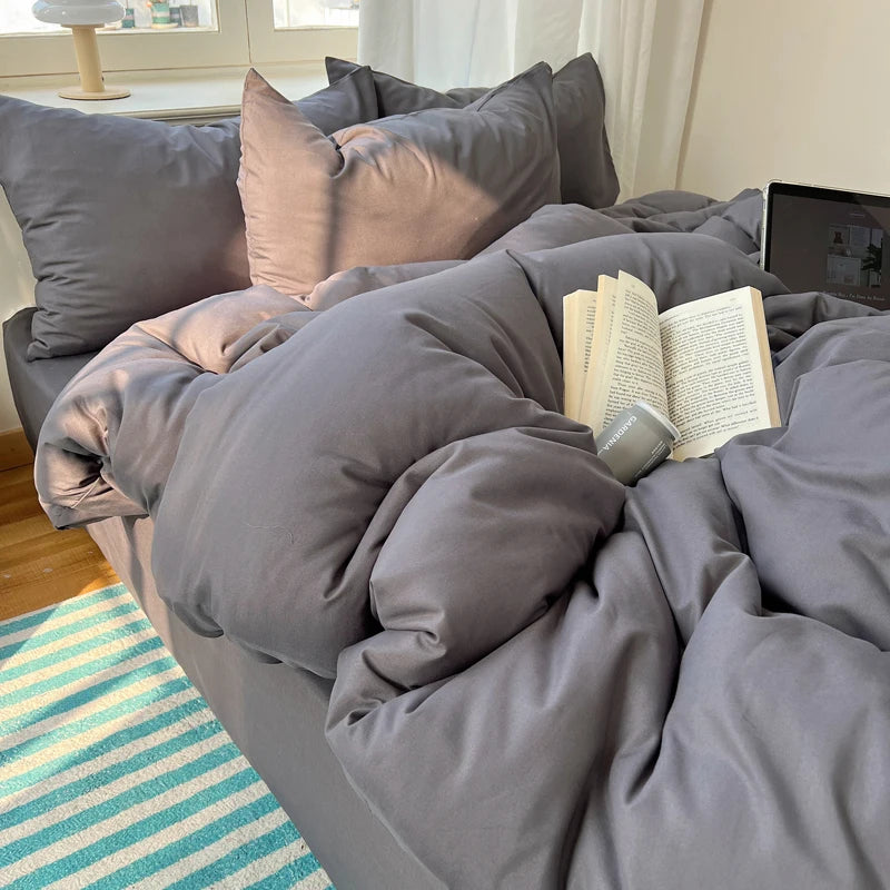 STORESDE Cotton Bedding Set 4pcs with Solid Bed Sheet Duvet Cover Pillowcases Single Couple Bedsheet King Queen Double Twin Size