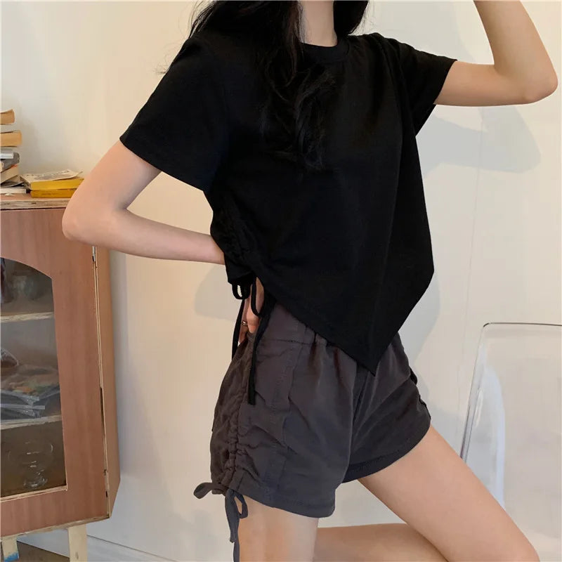 STORESDE Slit Bandage V Neck Sexy Crop Top Women Korean Casual Summer New Short Sleeve T-shirt Y2K Streetwear Trendy Top for Women