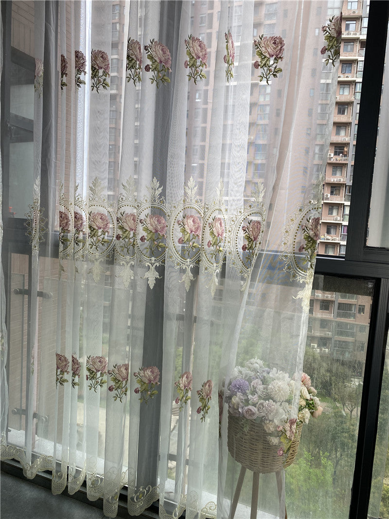 STORESDE American Luxury Peony Embroidery Tulle Curtain For Living Room European Elegant Flower Embroidery Sheer Voile Drapes For Bedroom