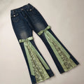 STORESDE Y2 Retro Sweet Bowknot Satin Ribbon Lace Patchwork Jeans Mid Waist Slimming Wrap Hip Bootcut Jeans Micro Elastic Denim Pants