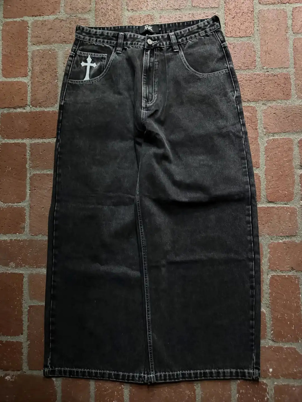 STORESDE Men Gothic Cross Print Black Denim Baggy Pants Mid Waist Big Pocket Design Loose Fit Hip Hop Streetwear Jeans for Daily Casual