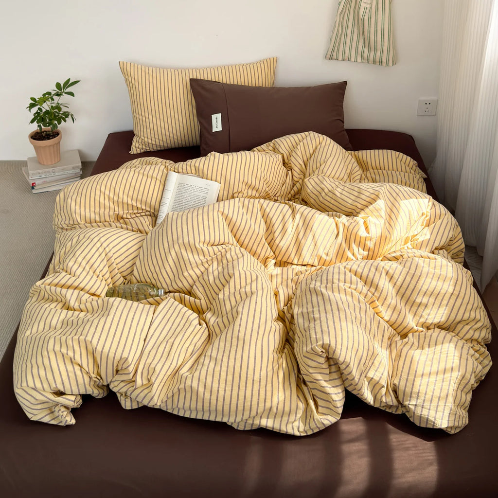 STORESDE Japanese Style 100% Cotton Bedding Set King Queen Size Minimalist Striped Duvet Cover Set Comforter Cover Bed Sheet Pillow Cases