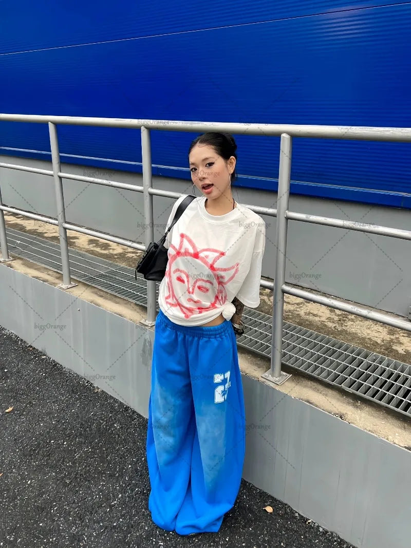 STORESDE Y2K Harajuku Blue Casual Hip-Hop Retro Sweatpants Street Pants Rock Roll Women's Trendy Oversized Washed Loose Wide-Leg Pants