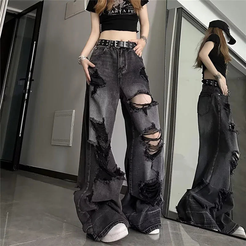 STORESDE High Street Vintage Black Ripped Jeans Fashion Wide Leg Pants Women'S High Waisted Straight Leg Pants Baggy Pants Y2k Jeans
