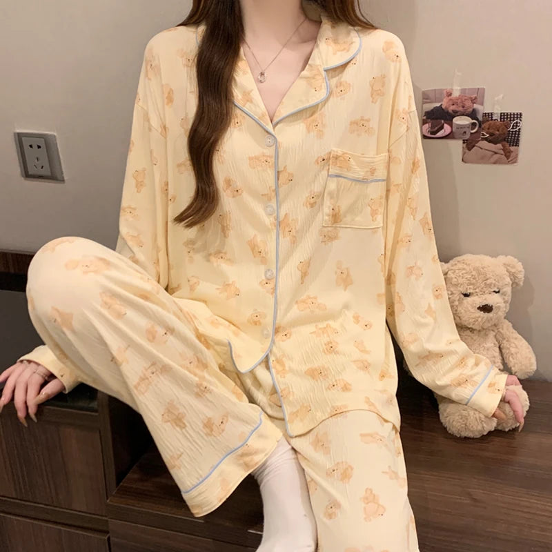 STORESDE Pink Bow Tie Design Pajamas for Women Long Sleeve Top & Elastic Waist Pants Pajamas Set Harajuku Style Casual New Home Wear