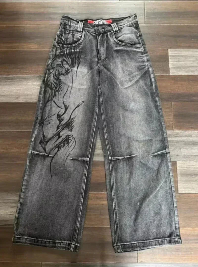 STORESDE 2025 New American Trend Retro Hip-hop Embroidery Pattern Baggy Jeans For Men And Women Y2K Harajuku Gothic Wide Pants Streetwear