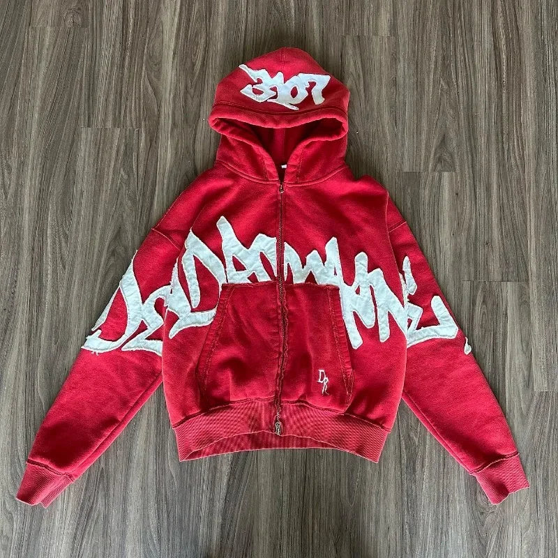 STORESDE Gothic New Fashion Oversized Letter Embroidered Patch Zipper Hoodie Men Y2K Harajuku Vintage Hip Hop Casual Couple Sweatshirt