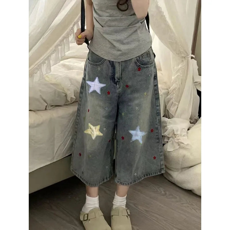 STORESDE American Vintage Women's Straight Leg Capri Jeans 2026 New Star Patchwork Loose Wide Leg Casual Versatile Streetwear Denim Pants