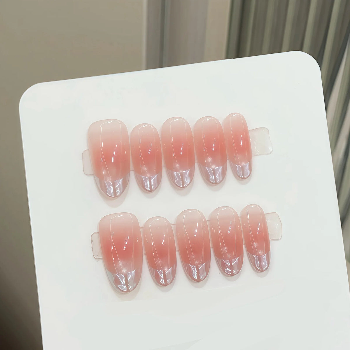 STORESDE 10pcs Handmade Press on Nails Sweet Pink Blush French Cat Eye Fake Nails Wearable Full Cover Pink Peach Cat Eye Fake Nails