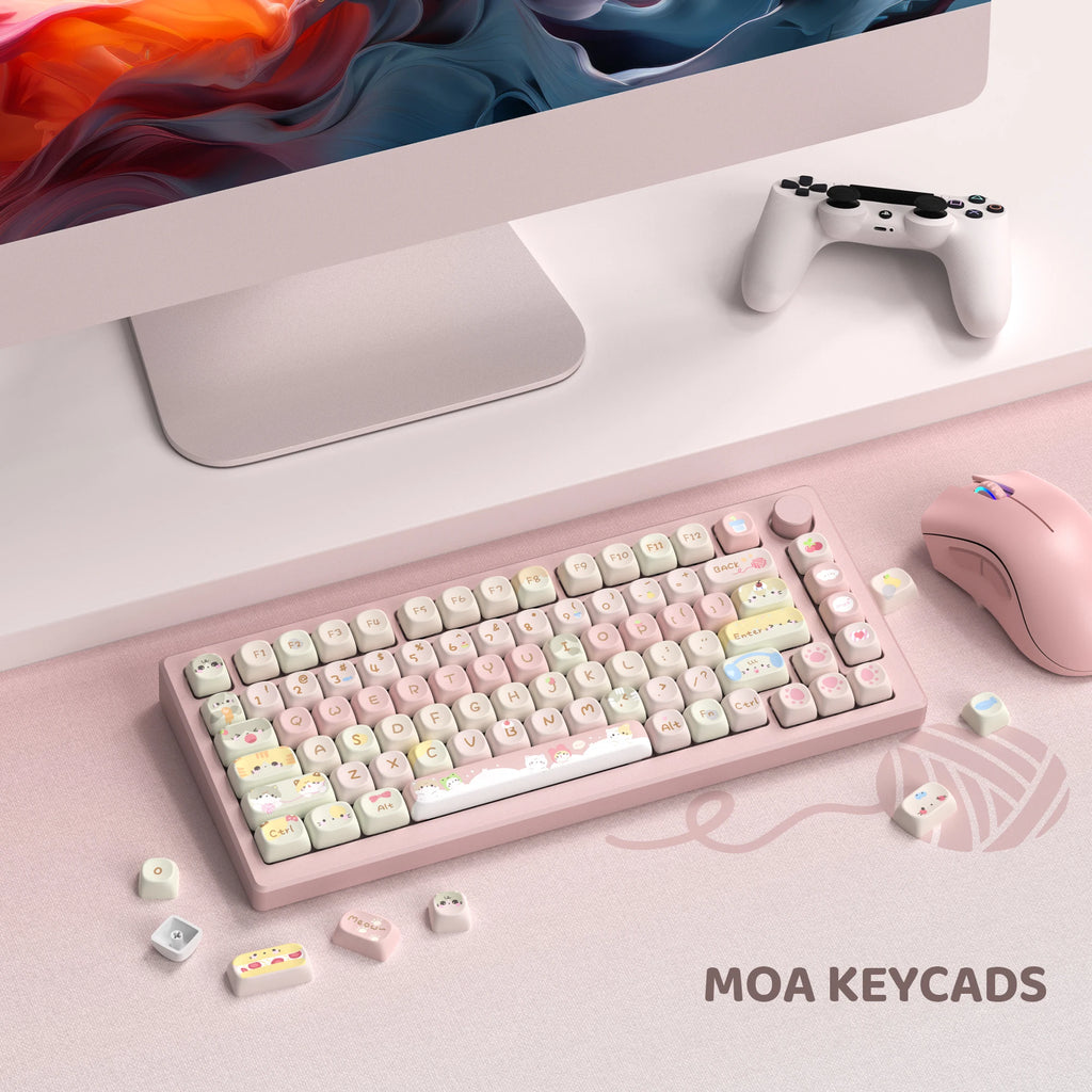 STORESDE Pink Cat Dye Sublimation PBT Keycaps 136 Keys MOA Profile Keyboard Keycaps for Cherry Gateron MX Switches Mechanical Keyboards