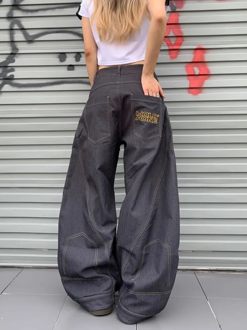 STORESDE American New Fashion Letter Embroidery Stitching Old Baggy Jeans Women Y2K Harajuku  Popular High Waist Wide Leg Trousers