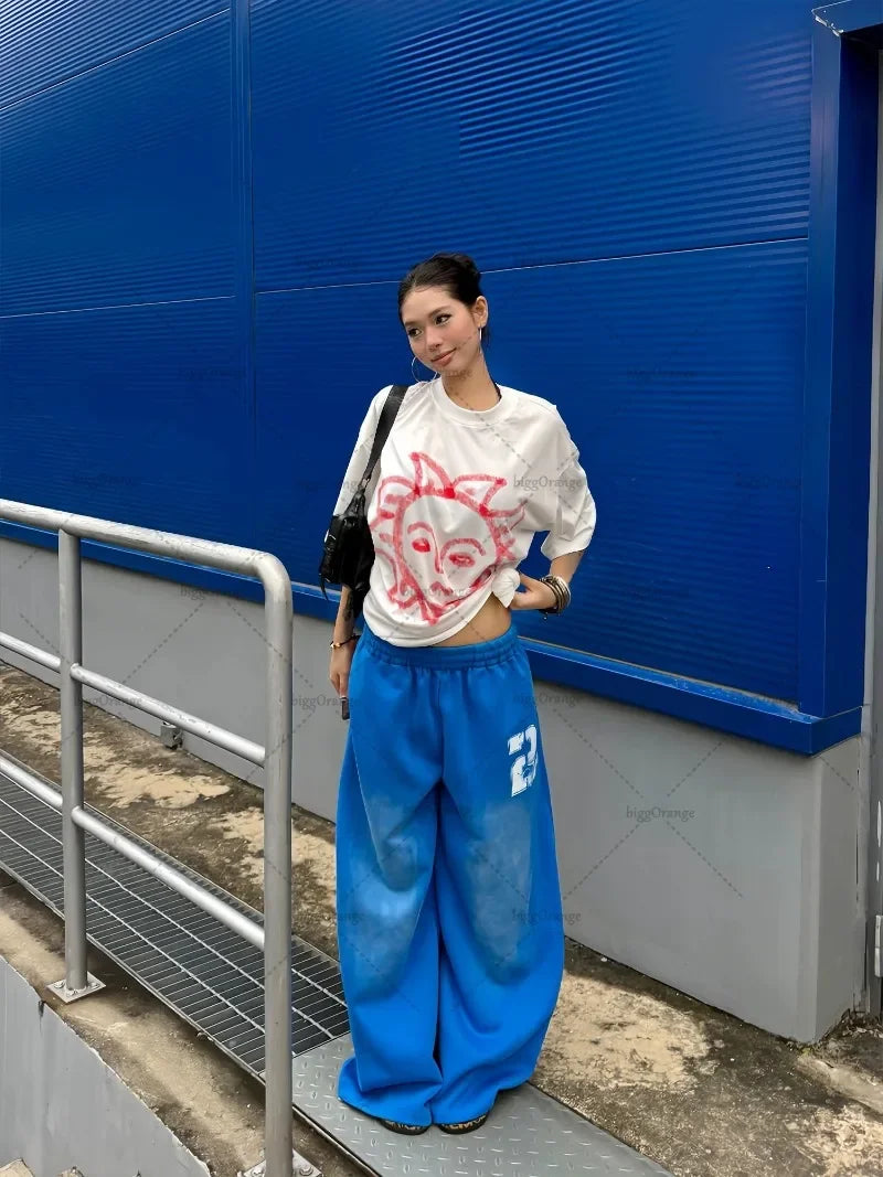 STORESDE Y2K Harajuku Blue Casual Hip-Hop Retro Sweatpants Street Pants Rock Roll Women's Trendy Oversized Washed Loose Wide-Leg Pants