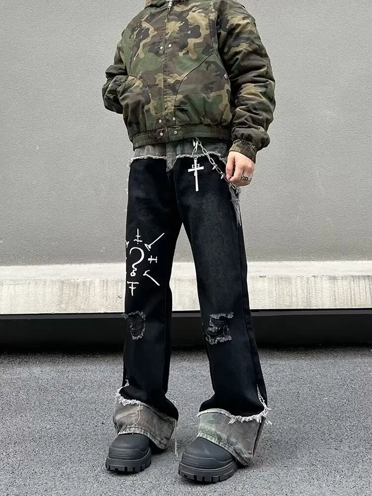 STORESDE 2025 Punk Y2K Style Camouflage Patchwork Graffiti Baggy Ripped Jeans Pants For Men Clothes Straight Long Trousers Pantalon Homme