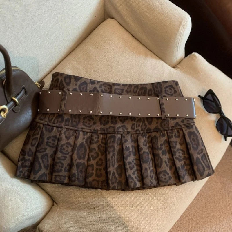 STORESDE Aesthetic Leopard Print High-waist Short Skirt Women's Y2k Sexy Hot Girl New Slim Pleated Skirts High Street Retro A-line Skirt
