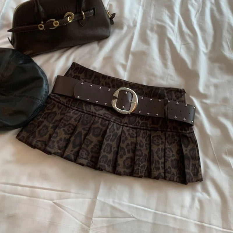 STORESDE Aesthetic Leopard Print High-waist Short Skirt Women's Y2k Sexy Hot Girl New Slim Pleated Skirts High Street Retro A-line Skirt