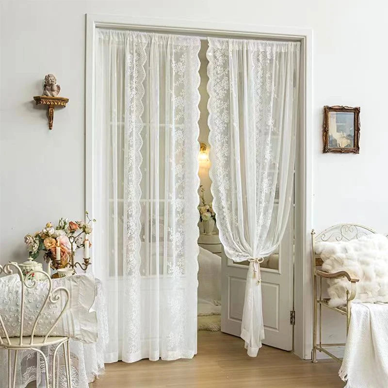 STORESDE French Lace Tulle Curtain White Tulle Lace Curtains Blind Living Room Bedroom Breathable Screen Curtain Wedding Decor Curtains