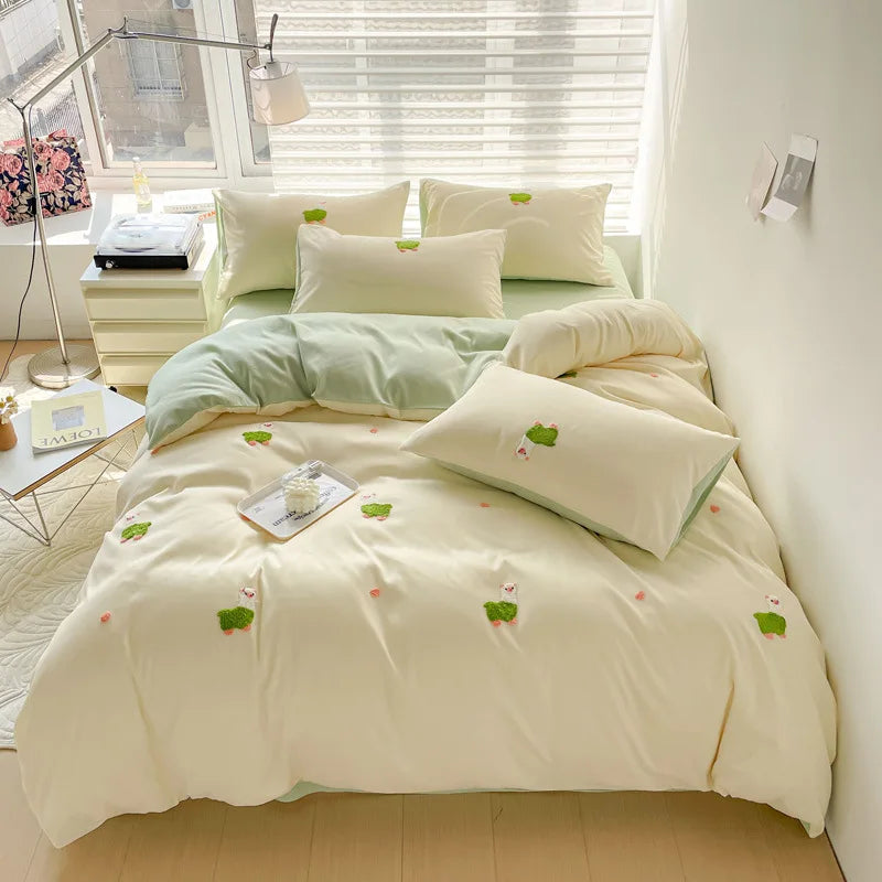 STORESDE Ins Embroidery  Bed Linen Twin Full Queen King Size  Bed Sheets Set  Adults Kids Floral Bed Flat Sheet Pillowcase Christmas Gift