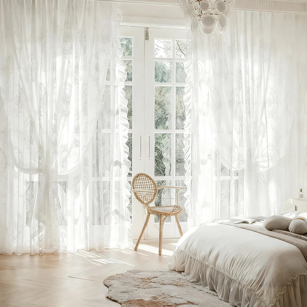 STORESDE French Vintage Ruffled Lace Embroidered Curtain Sheer, Bedroom Balcony Living Room Drapes, Light-Filtering Privacy Protection