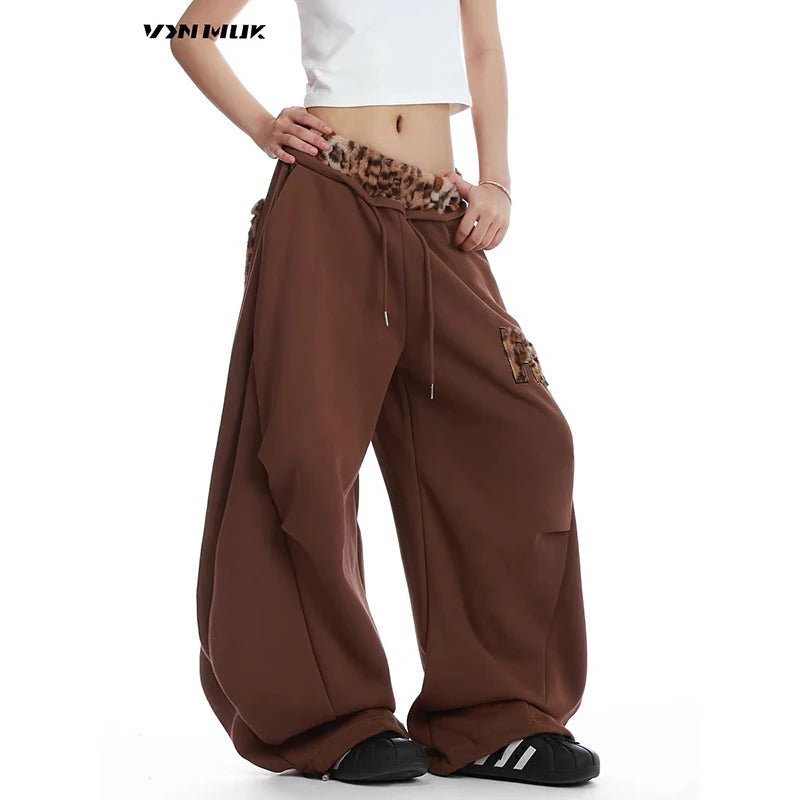 STORESDE ZHIZOU Women Brown Sweatpants Baggy Leopard Patchwork Pants Harajuku Aesthetic 2000s Style Y2k Vintage Oversize Trousers Autumn