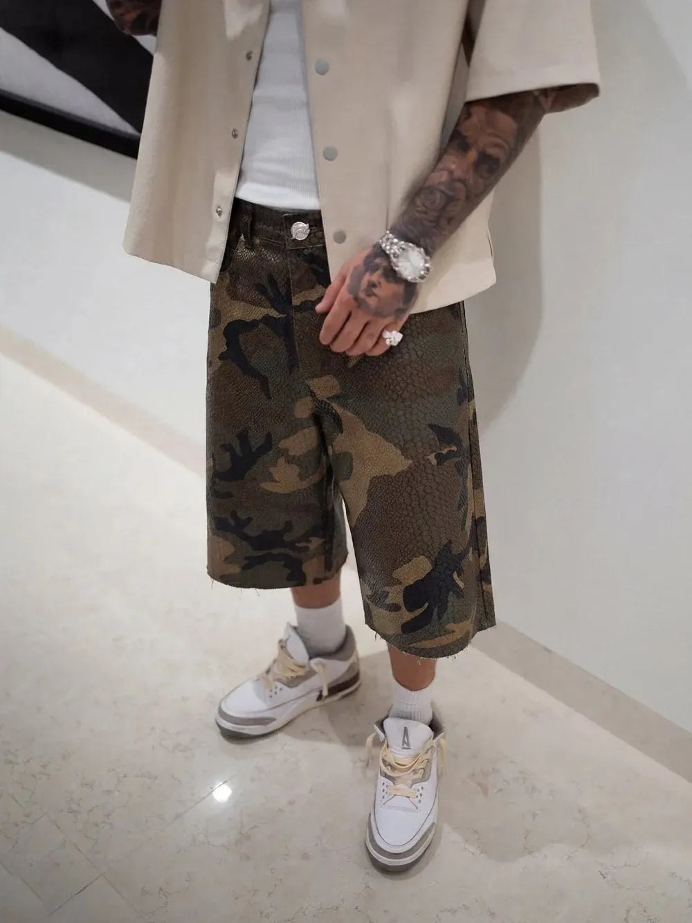 STORESDE Streetwear Python Camo Print Baggy Shorts Harajuku Retro Hip Hop Streetwear Five Quarter Denim Shorts Hip Hop Middle Pants