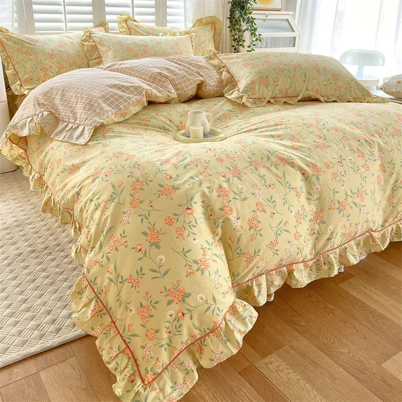 STORESDE Princess Style Ruffles 100% Cotton Quilt Cover Set or Single Quilt Covers Floral Soft Duvet Cover Cotton Cute Comforter Covers