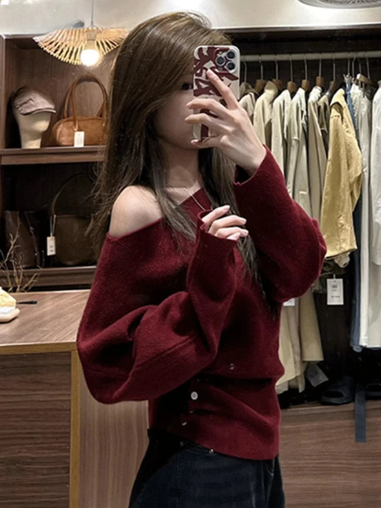 STORESDE Korean Vintage Off Shoulder Solid Sweaters Women Grunge Casual Streetwear Knitted Pullovers Loose Y2k Aesthetic Jumpers Females