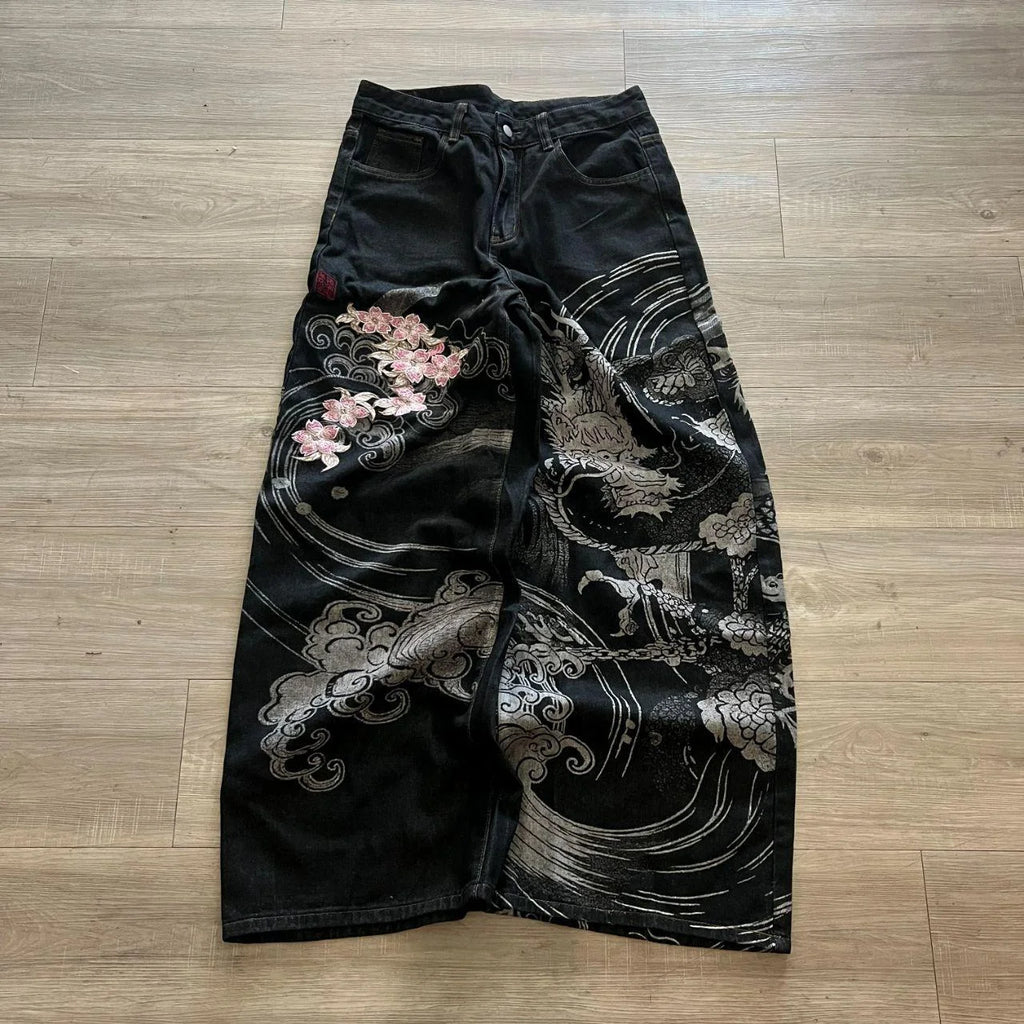 STORESDE New Black Wide Leg Denim Jeans Men Dragon Print Cherry Blossom Embroidery Vintage Washed Loose Harajuku Streetwear Casual Pants