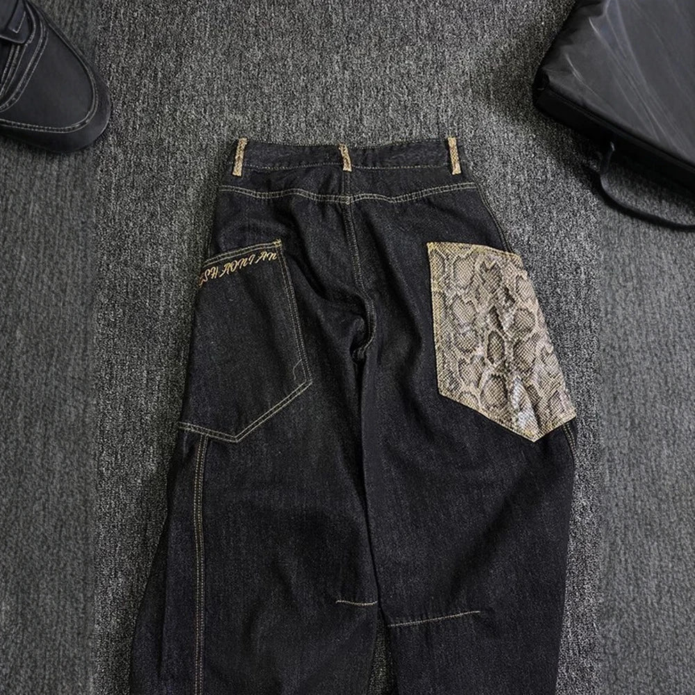STORESDE Y2K Vintage Snake Patterned Patchwork Washed Baggy Jeans American Women Harajuku Hip Hop Popular Goth High Waist Wide Leg Pants