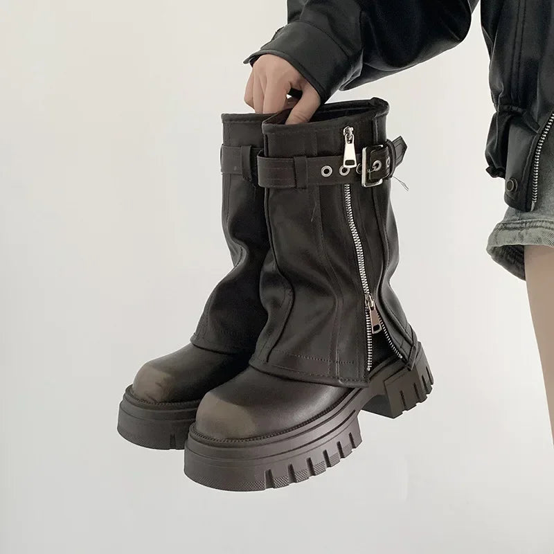 STORESDE Winter Women Biker Boots Fashion Belt Buckle Ladies Elegant Platform Long Pipe Booties Casual Women's Knee High Booties2026