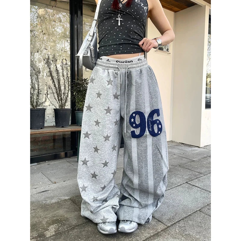STORESDE YIBASHU Women Gray Star Stamp Baggy Wide Leg Sweatpants American Embroidery Pants Harajuku 2000s Style Vintage Y2k Dance Trouse