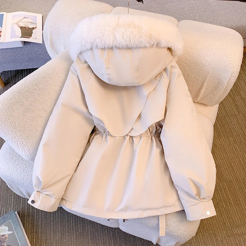 STORESDE Fleece Lined Hood Down Jacket Winter Coat for Women Warm Drawstring Padded Parkas Korean Casual Streetwear Female Puffer Outwear